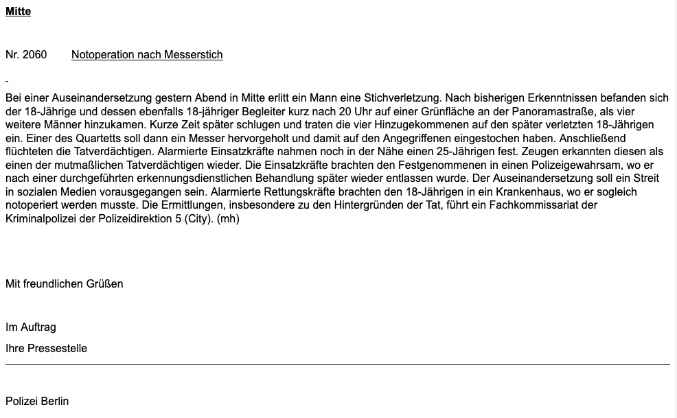 Michael_Leh's tweet photo. Mitte
#BERLIN #MITTE
#Notoperation nach #Messerstich
"#Gruppe"
"...schlugen und traten die vier Hinzugekommenen auf den später verletzten 18-Jährigen ein. Einer des Quartetts soll dann ein #Messer hervorgeholt und damit auf den Angegriffenen eingestochen haben." https://t.co/hvuiCAehfO