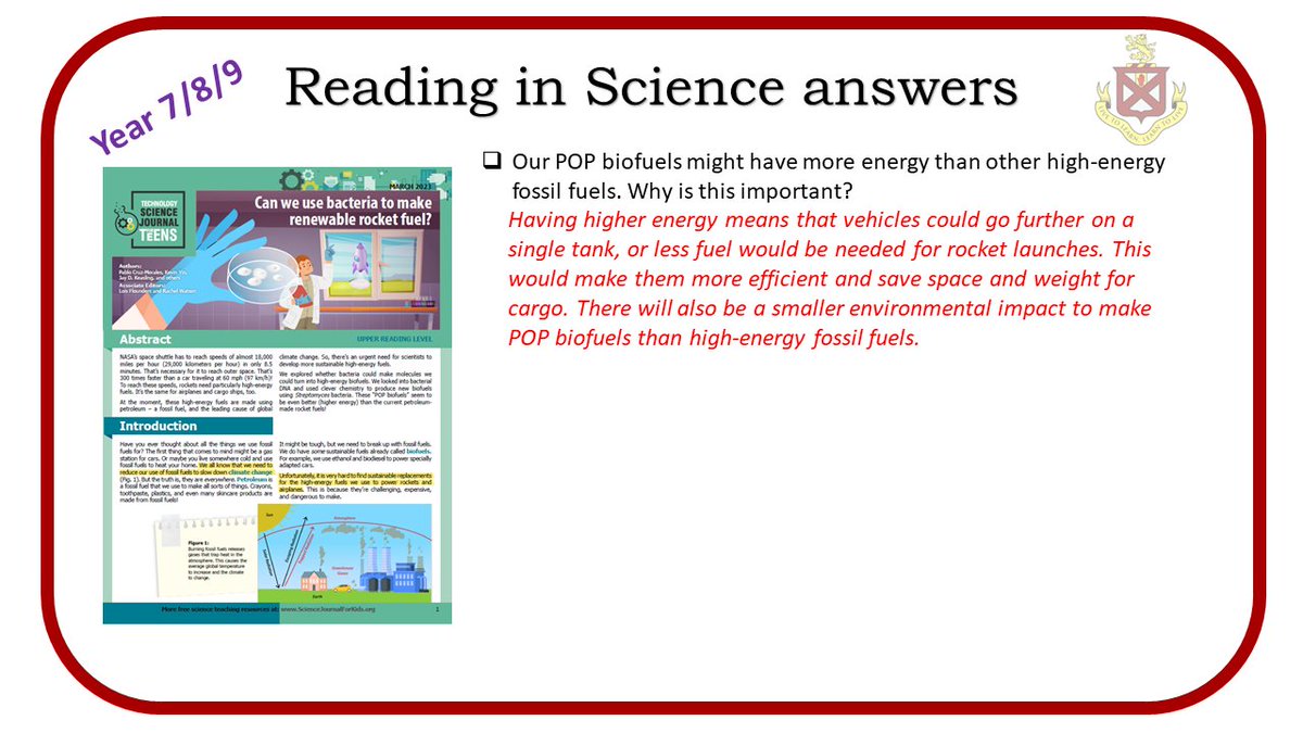 ByrchallScience's tweet photo. Two weeks go we shared an article about whether we can use bacteria to make renewable rocket fuel. Here are the answers to the questions found in the lower school article. @byrchall @ByrchallEnglish https://t.co/cAOMXRtnKH
