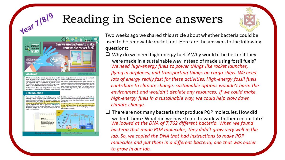 ByrchallScience's tweet photo. Two weeks go we shared an article about whether we can use bacteria to make renewable rocket fuel. Here are the answers to the questions found in the lower school article. @byrchall @ByrchallEnglish https://t.co/cAOMXRtnKH