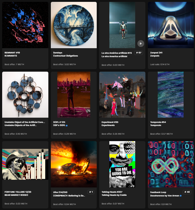 VanArman's tweet photo. What a year of #RarePass looks like - Have multiples of each, but here's my favorite dozen.
Thank you @SuperRare - @Coldie @annespalter @ROBNESSOFFICIAL @thesarahshow @otherworld_xx @osf_rekt @NeuralBricolage @Krista_Kim @carlosmarcialt @MattKaneArtist @XCOPYART https://t.co/fNyKAy7fXH