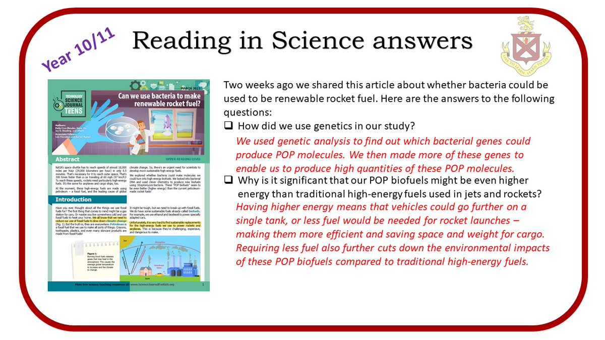 ByrchallScience's tweet photo. Two weeks go we shared an article about whether we can use bacteria to make renewable rocket fuel. Here are the answers to the questions found in the upper school article. @byrchall @ByrchallEnglish https://t.co/yJqB8uB2Ab
