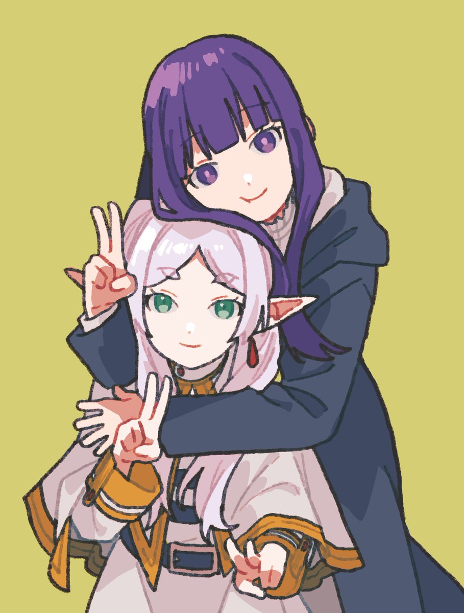 2girls multiple girls purple hair pointy ears purple eyes smile green eyes  illustration images