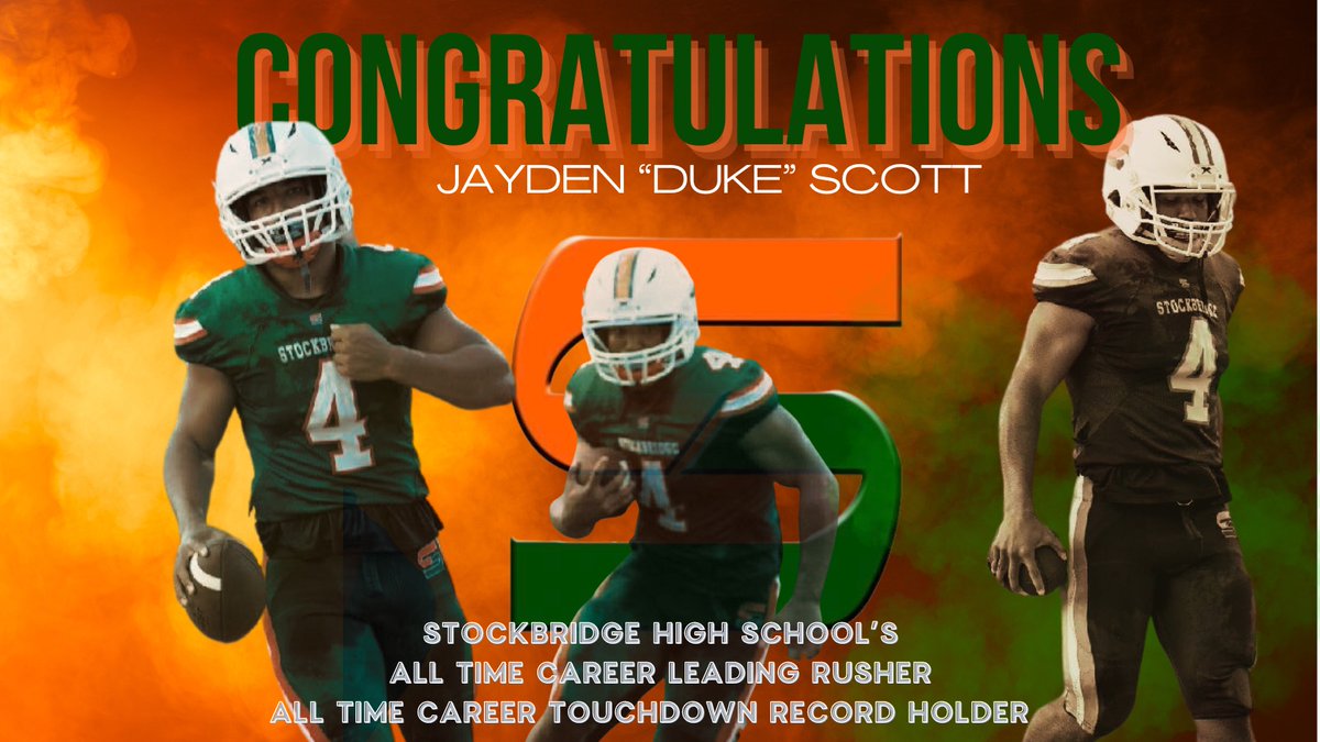 We are excited to announce Jayden "Duke" Scott broke the SHS School record on career rushing yards and also the is the  career touchdown leader.  Please congratulate him.  We are extremely proud of these accomplishments.  <a href="/SHS_HCS/">Stockbridge HS (GA)</a> <a href="/coachbyrd6/">Andre Byrd Ed.S , CMAA</a> <a href="/Dukescott34/">Jayden “Duke” Scott</a> <a href="/CoachBailey62/">Bryan Bailey</a>