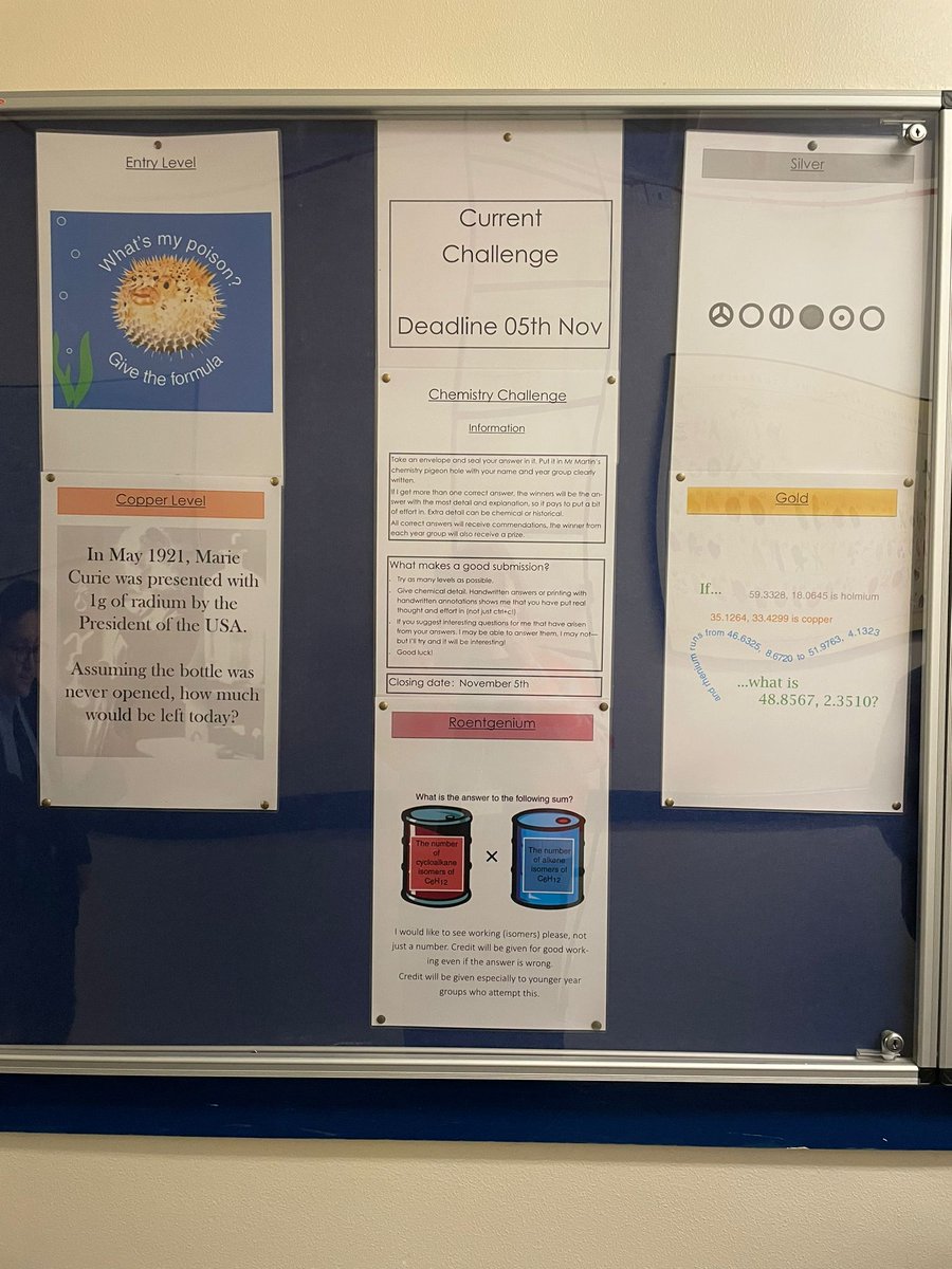 MGS_Chemistry's tweet photo. The current chemistry challenge is live!  Which level suits you 🥇🥈🥉? There is something for everyone so give it a go. Answers in an envelope to Mr Martin please https://t.co/4kIhNq49uG