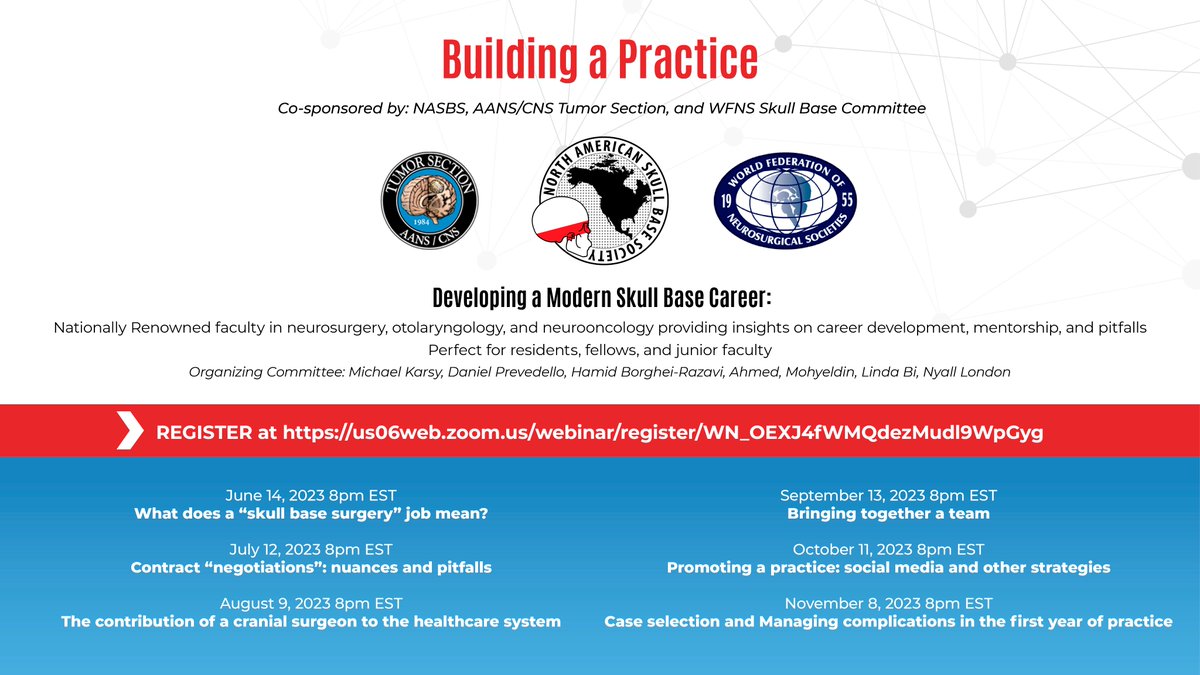 Johns Hopkins Neuro-Oncology Surgical Outcomes Lab (@neurooncsurgery) on Twitter photo Check out the upcoming <a href="/NASBSorg/">NASBS</a> webinar session entitled "Case Selection and Managing Complications in the First Year of Practice" taking place on Wednesday, November 8th at 8pm EST
Link to register: tinyurl.com/23fpmtnu
#Skullbase #Nsgy #Neurosurgery Check out the upcoming <a href="/NASBSorg/">NASBS</a> webinar session entitled "Case Selection and Managing Complications in the First Year of Practice" taking place on Wednesday, November 8th at 8pm EST
Link to register: tinyurl.com/23fpmtnu
#Skullbase #Nsgy #Neurosurgery