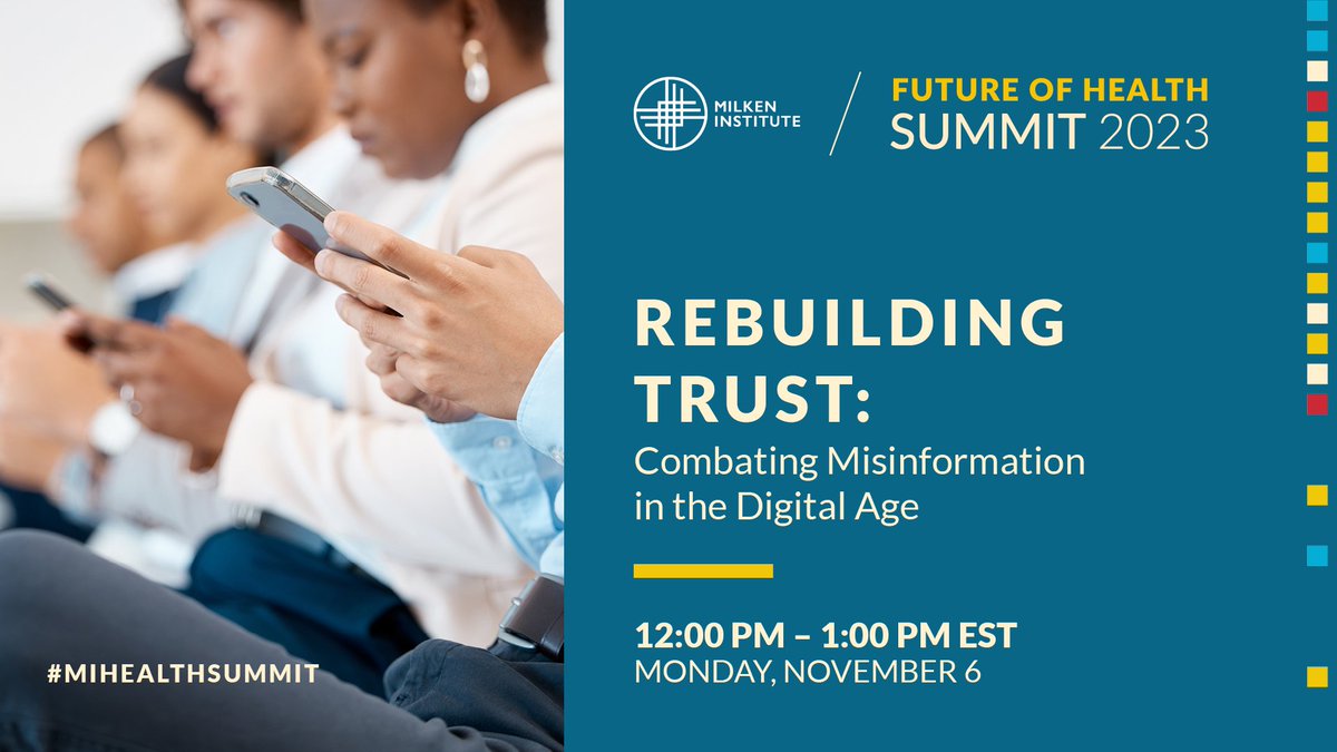 Can't wait to moderate and speak tomorrow in DC at the @MilkenInstitute #MIHEALTHSUMMIT on combatting misinformation with the CEO of @Gallup , @DrReedTuckson, @ellenbpatterson and @FriedsonAndrew !