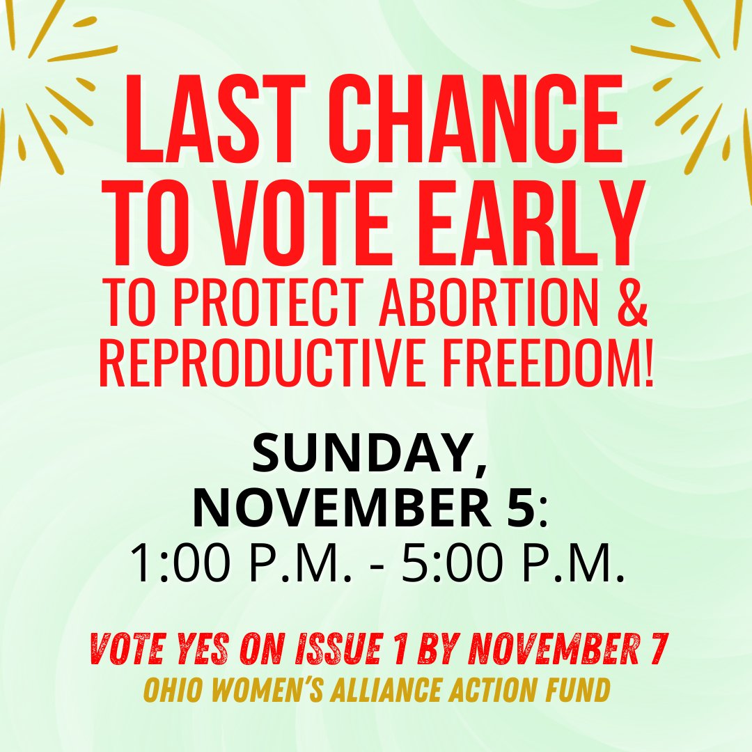 OHWomenAF's tweet photo. Find your early voting location to VOTE YES ON ISSUE 1 to protect abortion and reproductive freedom! https://t.co/nh1SZdEOEN
EARLY VOTING
November 5: 1:00 p.m. - 5:00 p.m
#VoteYesOnIssue1 #VoteYesInNovember #OURRohio #abortion #ohio #ohpol #vote #GOTV https://t.co/YPGlQjgkfc