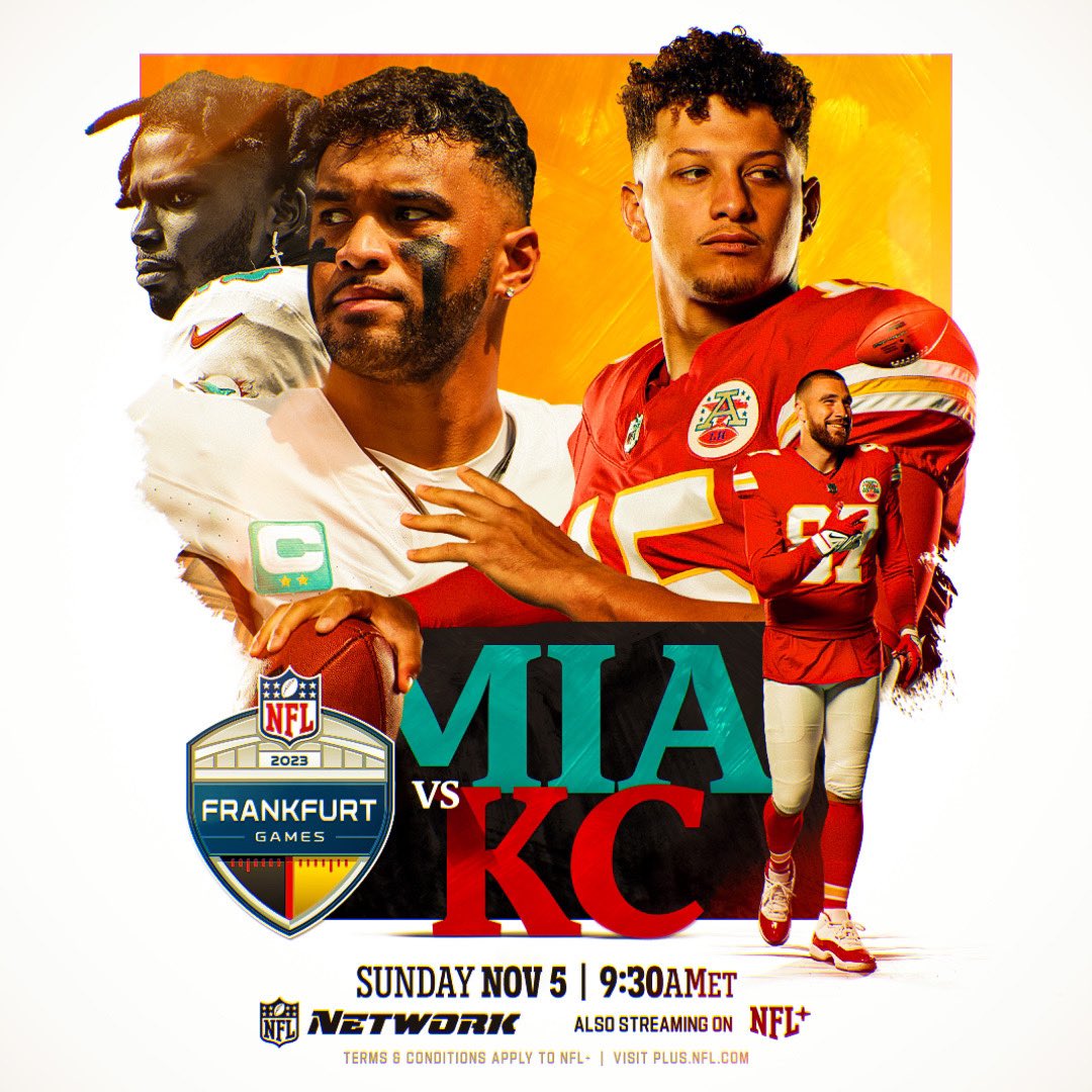 Start your @NFL Sunday off right with the @MiamiDolphins vs. the @Chiefs from Frankfurt. LET’S GO! #FinsUp | #ChiefsKingdom 📺: #MIAvsKC — 9:30 a.m. ET on NFL Network 📱: Stream on #NFLPlus