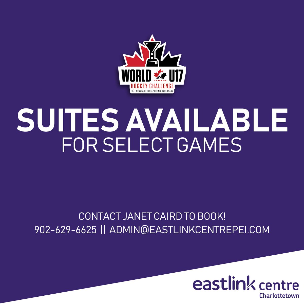 Looking to experience international hockey in a premiere setting? We have corporate suites available for select remaining World Under-17 Hockey Challenge games.

To learn more about how you can experience our suites, contact Janet Caird by email - admin@eastlinkcentrepei.com!