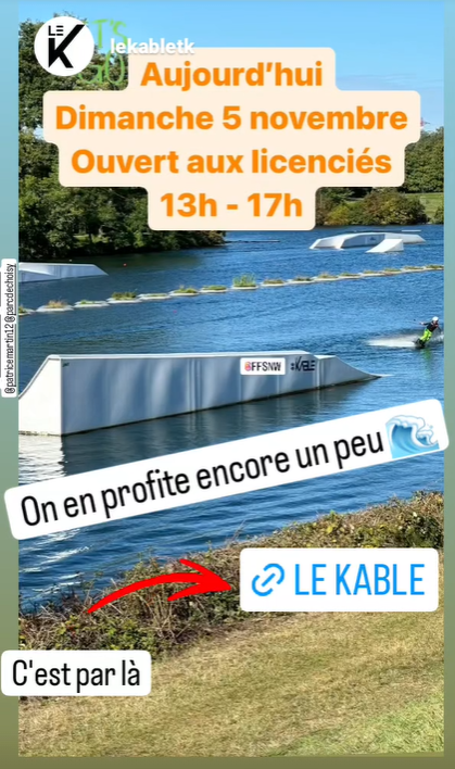 Le Kable (@lekabletk) on Twitter photo #Ouverture
On vous attend pour une des dernières de l'année 🌊
#Licencies #FFSNW #Wakeboard
<a href="/FFSNW/">Fédération Française de Ski Nautique & Wakeboard</a> <a href="/actufr94/">Actu Val-de-Marne</a> <a href="/valdemarne_94/">Val-de-Marne</a> <a href="/iledefrance/">Région Île-de-France</a> <a href="/leparisien_94/">Le Parisien | 94</a> <a href="/villedechoisy/">Choisy-le-Roi</a> <a href="/AcCreteil/">Académie de Créteil</a> <a href="/CreteilV/">Créteil ma ville</a> <a href="/creteil_unss/">UNSS CRETEIL</a> #Ouverture
On vous attend pour une des dernières de l'année 🌊
#Licencies #FFSNW #Wakeboard
<a href="/FFSNW/">Fédération Française de Ski Nautique & Wakeboard</a> <a href="/actufr94/">Actu Val-de-Marne</a> <a href="/valdemarne_94/">Val-de-Marne</a> <a href="/iledefrance/">Région Île-de-France</a> <a href="/leparisien_94/">Le Parisien | 94</a> <a href="/villedechoisy/">Choisy-le-Roi</a> <a href="/AcCreteil/">Académie de Créteil</a> <a href="/CreteilV/">Créteil ma ville</a> <a href="/creteil_unss/">UNSS CRETEIL</a>