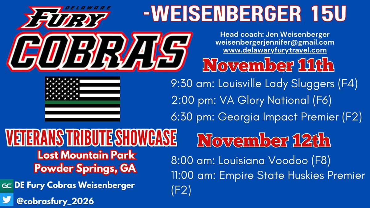 Veterans Tribute Showcase Schedule!! @cobrasfury_2026 @DelawareCobras @JenTeague24 @CoachJamesNYU @CU_CoachO @coachmaida @ChristieNovatin @Pitt_SB @DukeSOFTBALL @coach_crowell @CoachJordanSB @JakeCombs_ @Coach_Alameda @ElliottSaysWhat @AshleyErcolano @AshleyWadeUNCW @Bucknell_SB