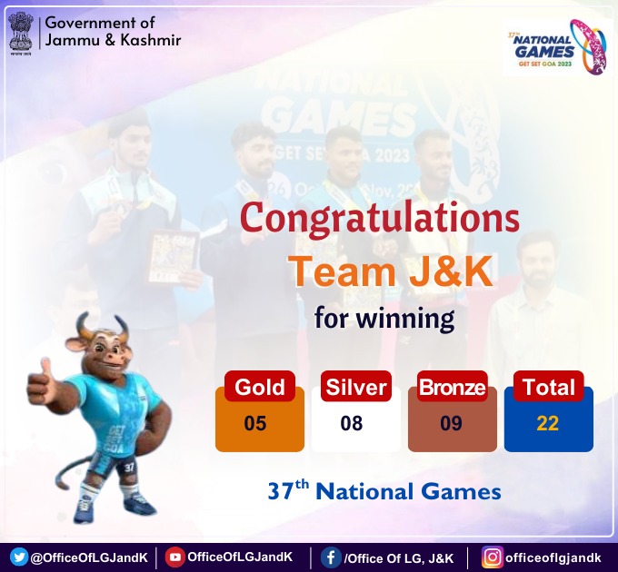 Office of LG J&K (@officeoflgjandk) on Twitter photo Congratulations Team J&K for the spectacular performance in 37th National Games. This remarkable achievement will inspire many youngsters to take up the sport. Congratulations Team J&K for the spectacular performance in 37th National Games. This remarkable achievement will inspire many youngsters to take up the sport.