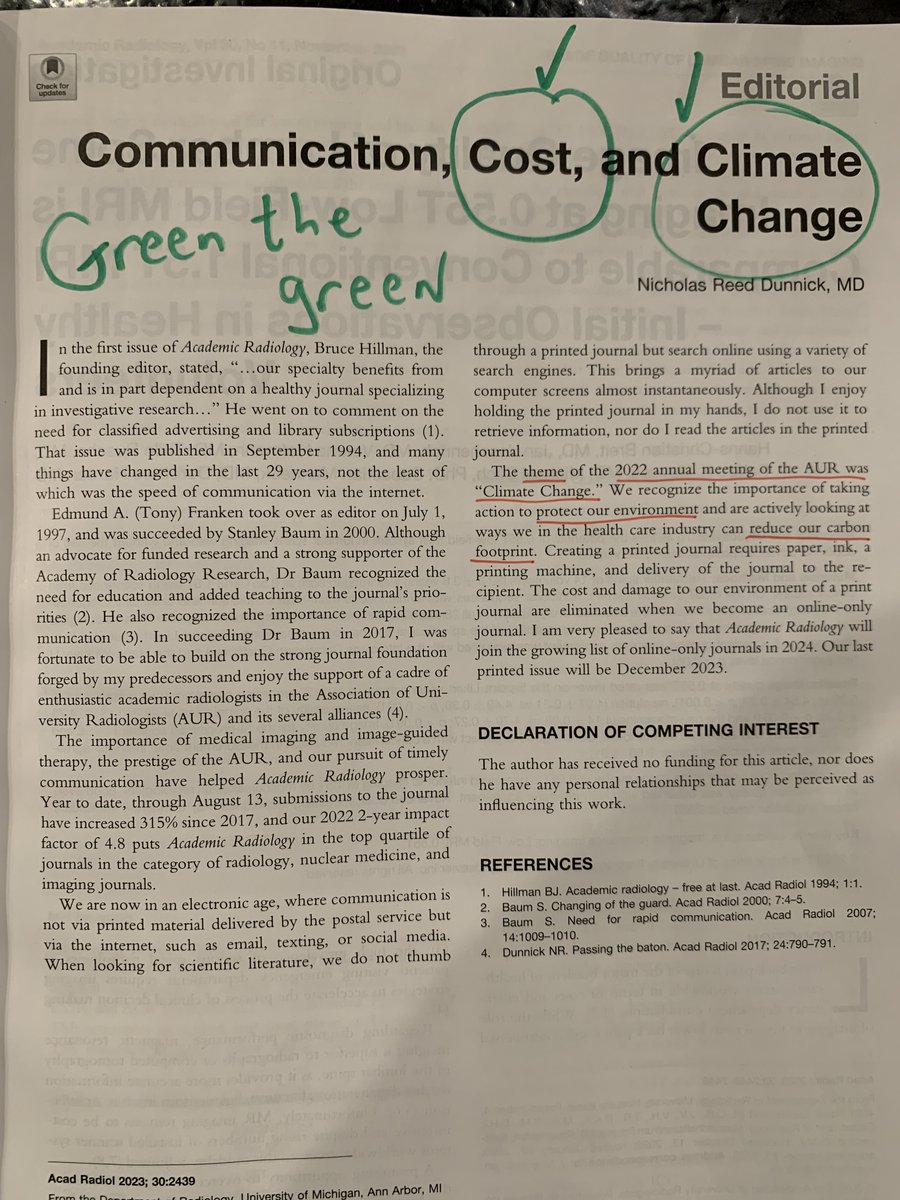 ReedOmary's tweet photo. Kudos to @AcadRadiol for this!
A few key learns here, inside or outside of radiology:
1. There are positive knock on effects when societies introduce climate change as a meeting theme. #GreenMindset
2. Green the green: seek change that has both economic & planetary benefit. https://t.co/KHEezbz9pH