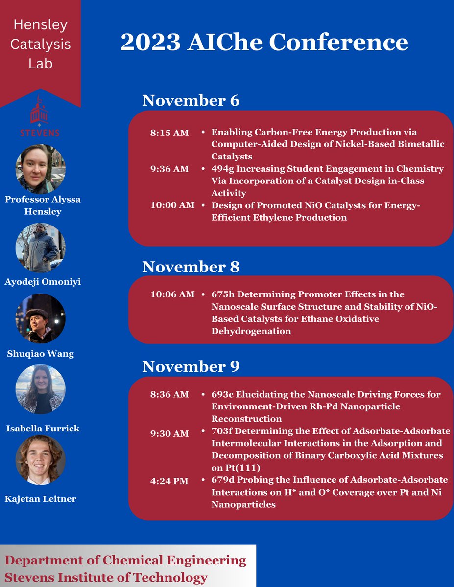 Check out all the exciting talks from the Hensley Catalysis Lab this week at AIChE. Incredibly proud of the work and efforts by my students! More details on each talk in the thread. @ChEnected @aiche_cre #AIChE2023 #AIChEAnnual