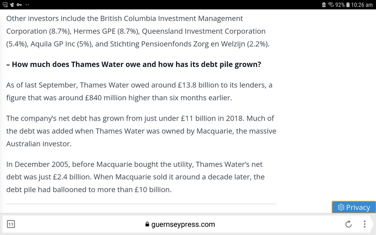 Misslemon638162's tweet photo. @thameswater All of these problems result from government allowing private finance 2 use our water companies 4 profits 2 shareholders+ massive CEO paychecks #Macquarie loaded 2 billion debt onto customers wasnt stopped/checked by #Offwatt our Gov facilitated this how many had shares I wonder https://t.co/ZacxqAjjvt