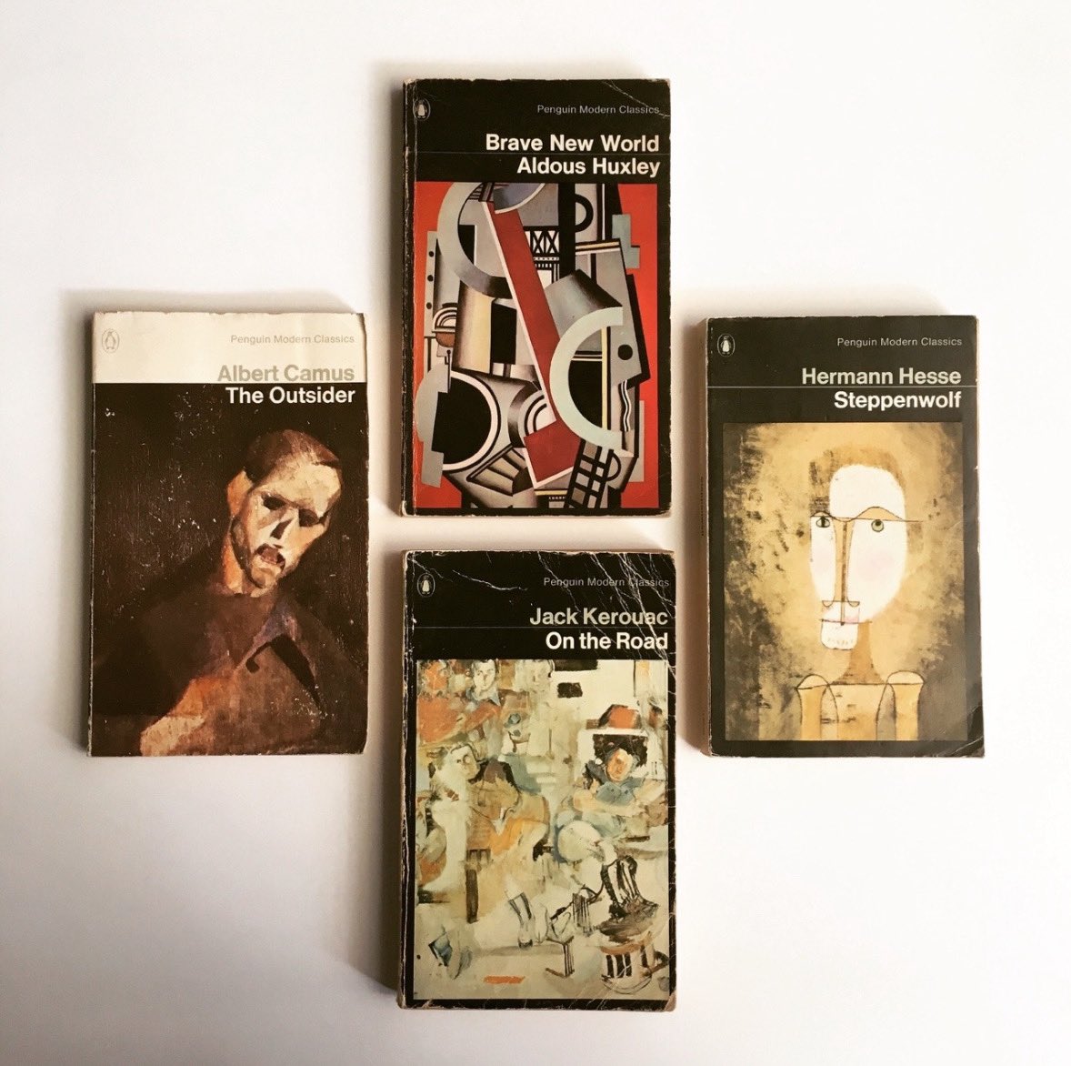 alarkandawhim's tweet image. Vintage Penguin Modern Classics covers by Albert Camus, Herman Hesse, Jack Kerouac, and Aldous Huxley. 
#penguinmodernclassics