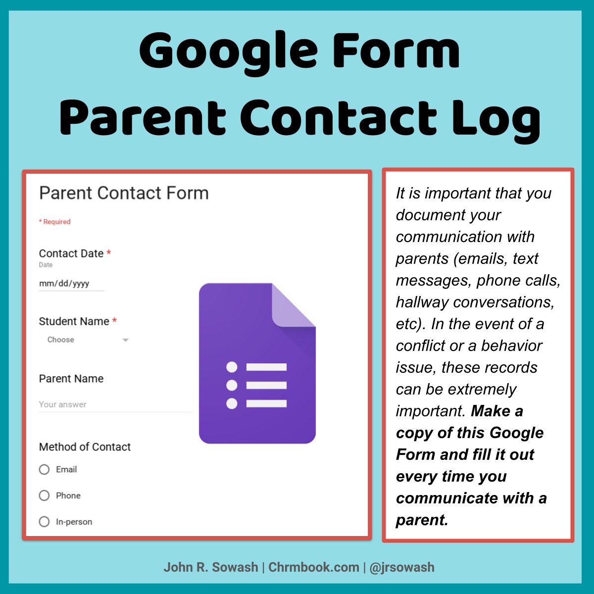 jrsowash's tweet photo. As a teacher, I always found it helpful to keep track of my conversations with parents. This simple Google Form was a game-changer for my classroom management. Check out my template and customize it to suit your needs: https://t.co/7lA2W7wPBv

#edTech #GoogleEDU https://t.co/SNyFh2ijcG
