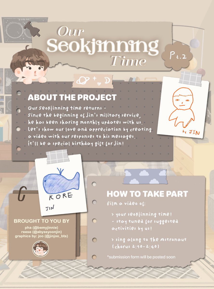 A 2023 Kim Seokjin Birthday Project Our Seokjinning Time Pt.2 : Message from ARMY 💌 Let’s reciprocate the love we have received from Jin through a video compilation of our Seokjinning moments! #OurSeokjinningTimePt2 🔗pt.1: bit.ly/3QnVElr ✶ More info below ✶