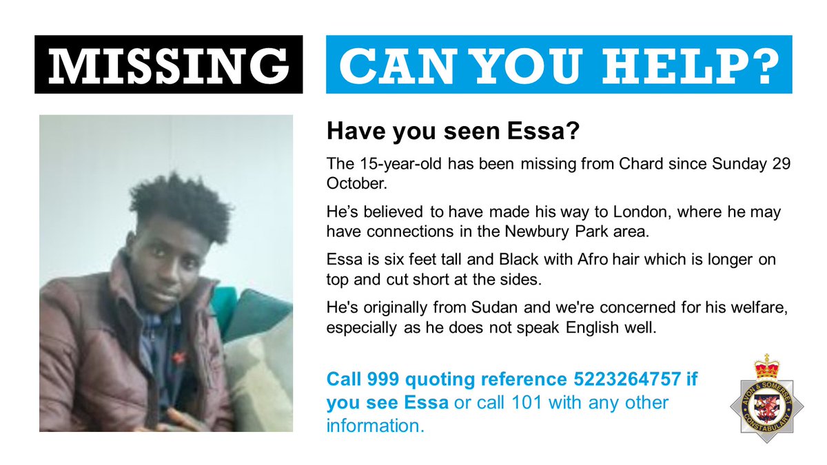ASPolice's tweet photo. Have you seen Essa, 15, missing from #Chard since Sun 29 Oct? He may be in #NewburyPark #London
Essa is 6ft tall &amp; Black with Afro hair cut short at the sides.
Originally from Sudan, he doesn't speak English well &amp; we're concerned for him.
Pls call 999 with info ref 5223264757. https://t.co/6KdThXuB48