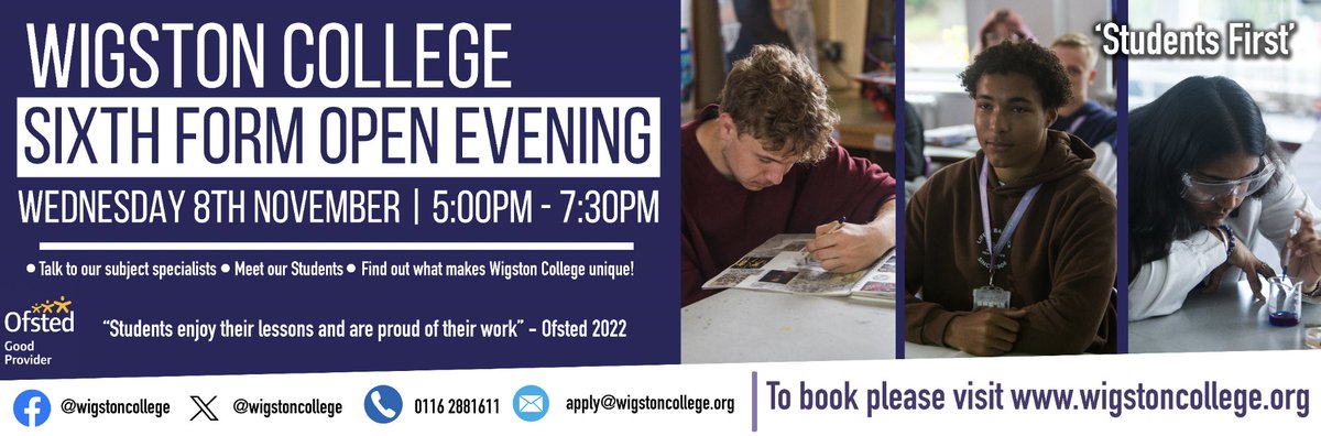 Our Open Evening is in just 📷 days time. Do you have your tickets booked to come and see us? Tickets are almost sold out so make sure you get yours today.
📷 Talk to our subject specialists
📷 Meet current Students
📷 Find out what makes Wigston College unique