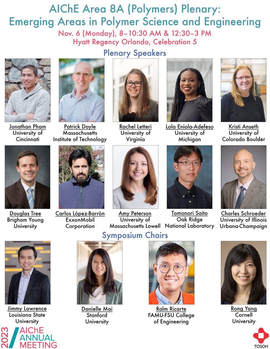 Join us tomorrow (Monday) for the Area 8A Polymers Plenary sessions! We have 2 sessions running from 8-10:30 AM and 12:30-3 PM in Celebration 5, featuring the fabulous speakers below! @ChEnected @aiche_mesd (1/3)