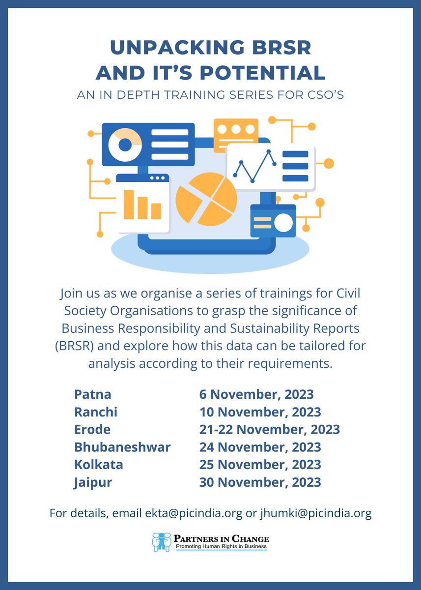 PiC is organising a series of trainings for CSOs to help them gain a deeper understanding of the BRSR and to analyse how data can be leveraged for better engagement with companies and other stakeholders.  #joinus #spreadtheword Email at ekta@picindia.org or jhumki@picindia.org