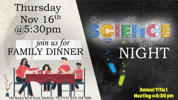SCAProjReflect's tweet photo. Please join us for Science Night and our Annual Title I Meeting on November 16, 2023 at 5:30 PM. There will be food and fun family oriented activities for all. See you then!

Smithson Craighead Academy
730 Neelys Bend Rd, Madison, TN 37115
5:30pm https://t.co/FonWUz0qQC