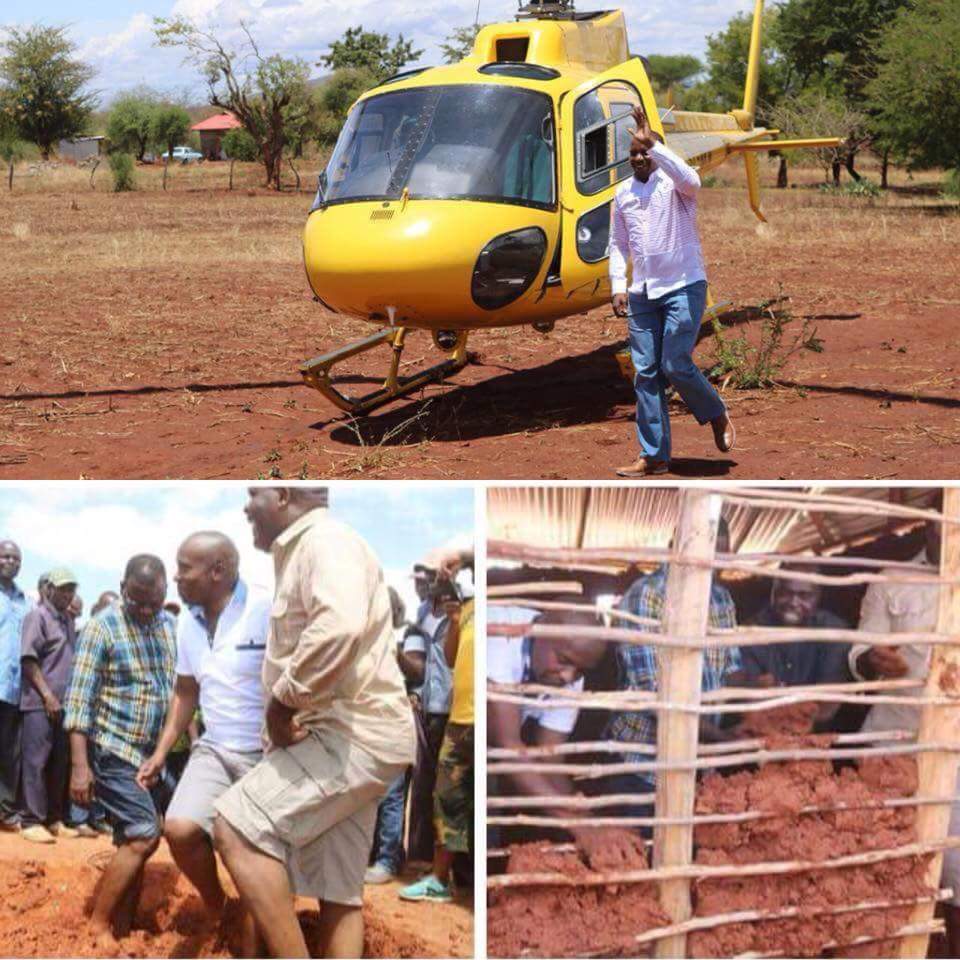 Mr. Beast, the man you see on a blue jeans with white long sleeved shirts is the minister for interior. He once fly to his Meru village on a chopper then participated in building a mud walled structure. He then donated a mattress worth 10dollars then flew back to Nairobi.