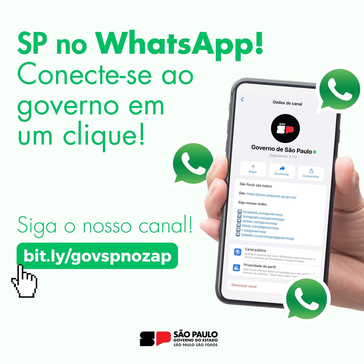 Receba informações do Governo de SP na palma da sua mão! 🤳📲 Junte-se ao nosso canal no WhatsApp agora mesmo: bit.ly/govspnozap