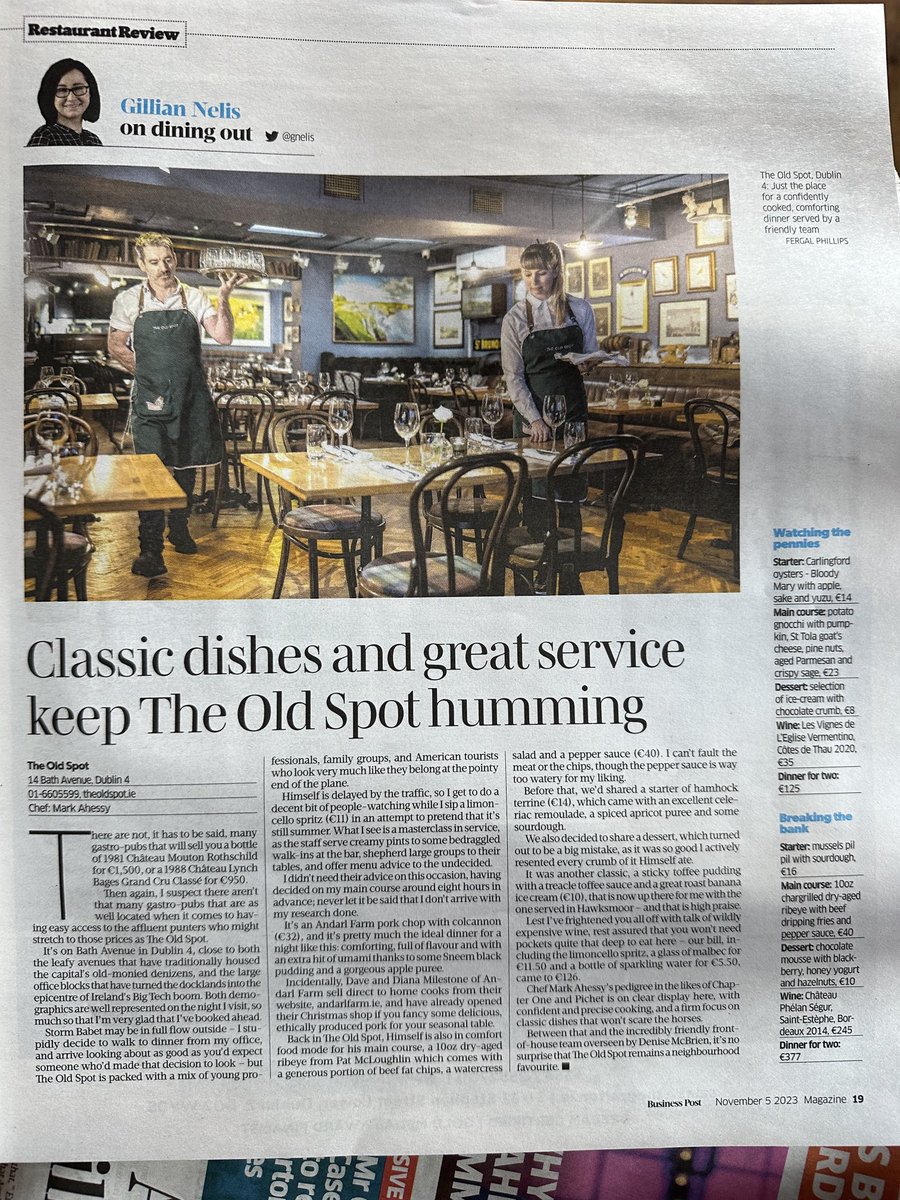 No surprise that ⁦⁦@theoldspotdub⁩ Gastro Pub gets top marks from ⁦@gnelis⁩ in todays Sunday Business Post. Never disappoints. #dublindining #foodie
