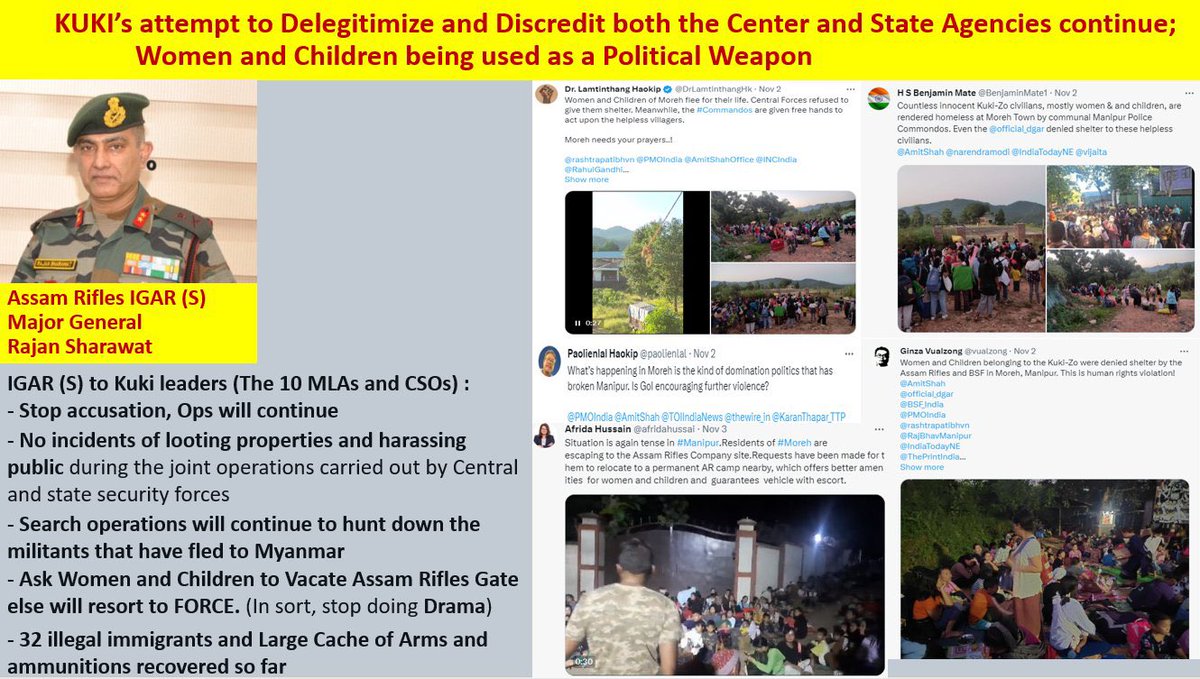 ‼️Kuki dramas, Kuki Lies‼️

Major General Rajan Sarawat, IGAR (S) of Assam Rifles, has cautioned Kuki leaders and Kuki CSOs against making unfounded allegations against Central and State forces. Additionally, he clarified that there have been no reports of looting or harassment