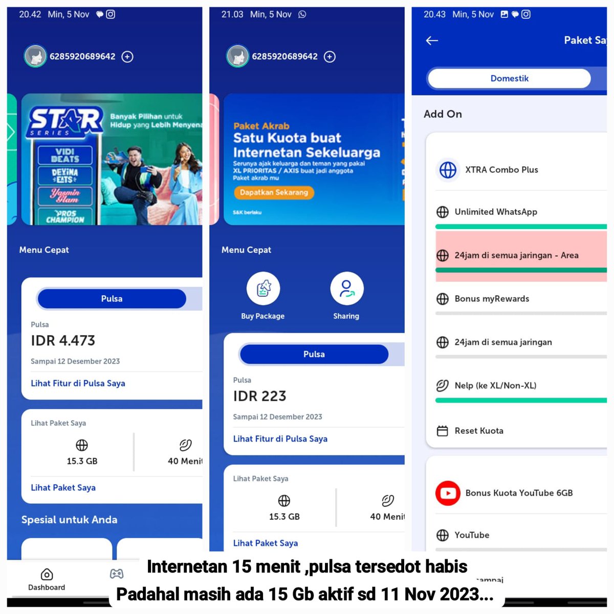 5yam_S's tweet photo. @myXL Kak kuota "24 Jam di semua jaringan area" itu utk apa y? Saya masih ada kuota tsb 15 gb,aktif sd 11 Nov , tapi kok pulsa reguler saya tersedot habis lalu tak bisa internetan lagi. Mohon pnjelasannya, thx y https://t.co/QHrCLzkOtY