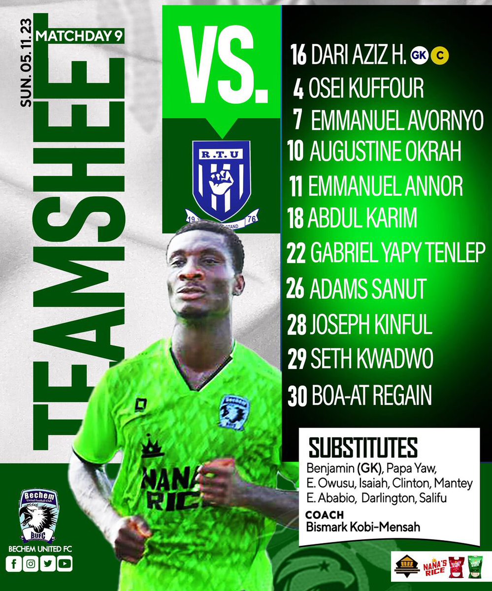 BechemUnitedFC's tweet photo. ๐ข | TEAM NEWS: #RTUBechem ๐ #betPawaPremierLeagueWK9 |
โบ๏ธ Coach BKM makes two changes to the previous line-up.
โบ๏ธ Deputy captain Aziz Haruna Dari leads the team this afternoon
โบ๏ธ Young center back Boa-At Regan makes his debut start of the season! https://t.co/SSpwcwcFVP