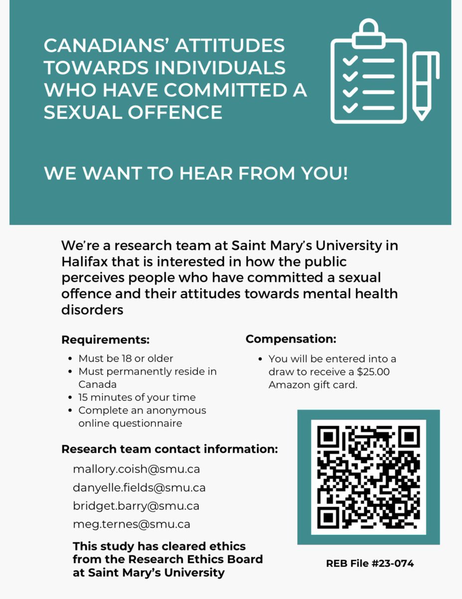 Participants needed! Myself and my colleagues from Saint Mary’s University, along with Dr. @megternes, are conducting the below study. We are looking for Canadians to participate in a 15-minute online survey. You can take the survey here: smuniversity.qualtrics.com/jfe/form/SV_6Q…