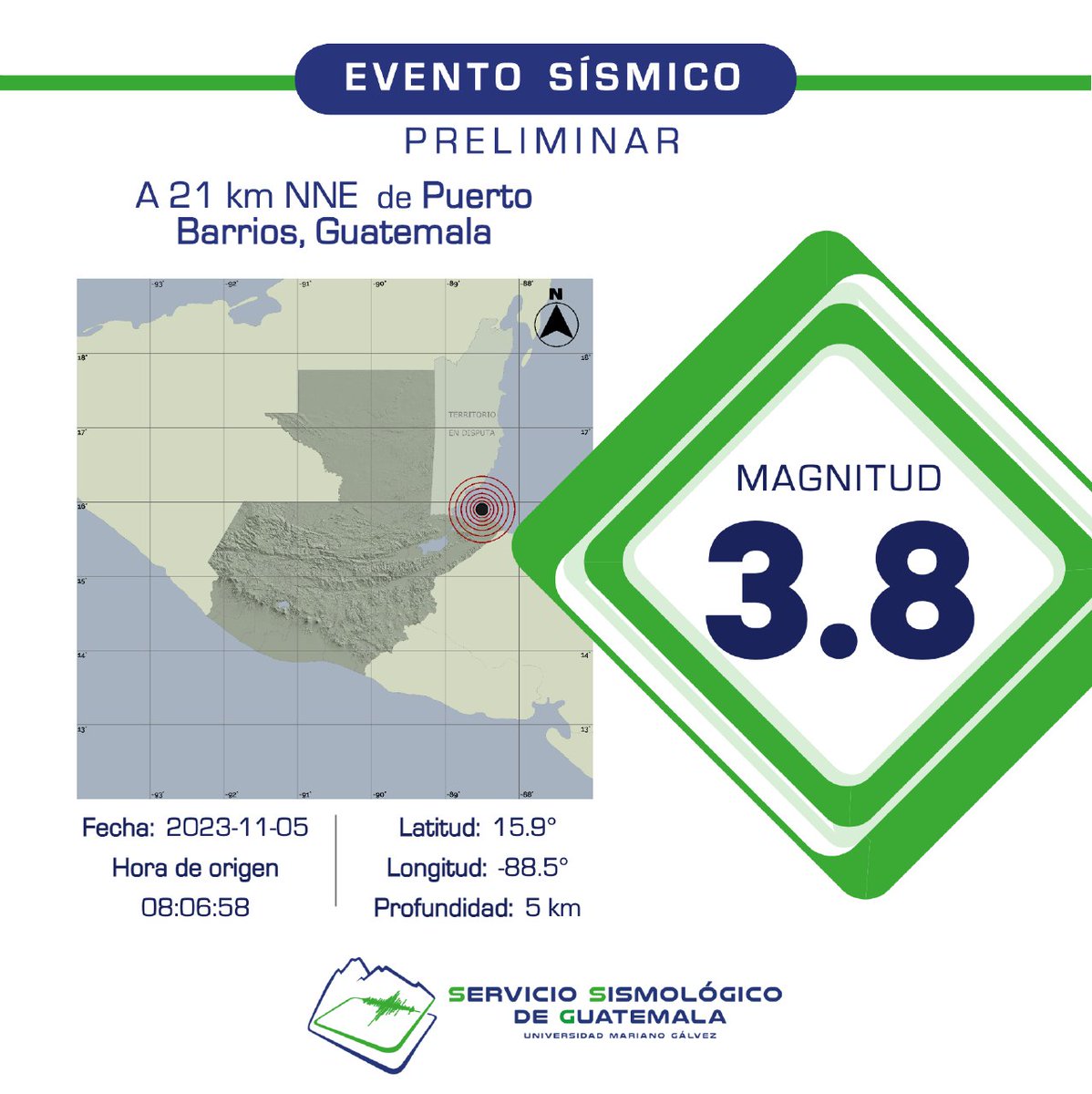 PRELIMINAR
Sismo registrado a 21 km NNE de Puerto Barrios, Guatemala. #Temblor #TemblorGT #Sismo #SismoGT