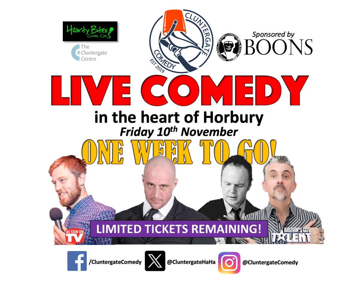 Less than a week until live comedy returns to the heart of Horbury at @cluntergate . Hurry, limited tickets remain: tix & info: hilaritybites.co.uk/show/horbury-n… #Horbury #Ossett #Wakefield #WhatsOnWakefield #Comedy #LiveComedy #StandUp #StandUpComedy #LoveHorbury #LoveWhereYouLive