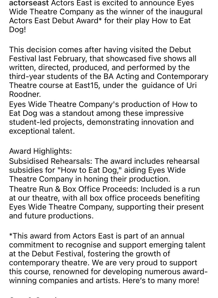 Eyes Wide Theatre Ltd 👁️ (@eyeswide__) on Twitter photo we are so excited to announce that we were selected as winners of the first ever Actors East Debut award⭐️ with the incredible support of <a href="/actors_east/">Actors East Theatre</a> we will be sharing a work in progress performance of How to Eat Dog on the 17th and 18th November👀
⭐️tickets available in bio⭐️ we are so excited to announce that we were selected as winners of the first ever Actors East Debut award⭐️ with the incredible support of <a href="/actors_east/">Actors East Theatre</a> we will be sharing a work in progress performance of How to Eat Dog on the 17th and 18th November👀
⭐️tickets available in bio⭐️