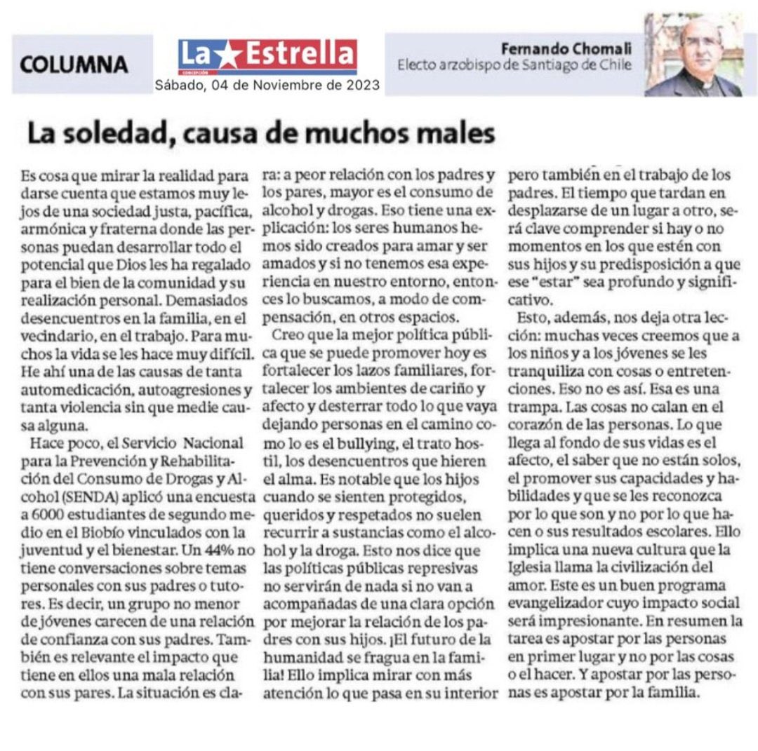 🔵 [RECOMENDAMOS] "La soledad, causa de muchos males"

Columna de Monseñor <a href="/FernandoChomali/">Card. Fernando Chomali</a> , electo Arzobispo de <a href="/Iglesiastgo/">Iglesia de Santiago</a> por el Papa Francisco <a href="/Pontifex_es/">Papa León XIV</a>