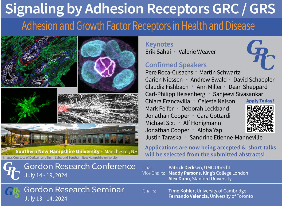 The 2024 @GordonConf /GRS Signaling by Adhesion Receptors (July 13 - 19) is now open for applicants!! Forefront science and top speakers on cell adhesion and signaling in health and disease. Apply and submit your abstract! grc.org/signaling-by-a… @MaddyParso24207 @Dunn_Lab