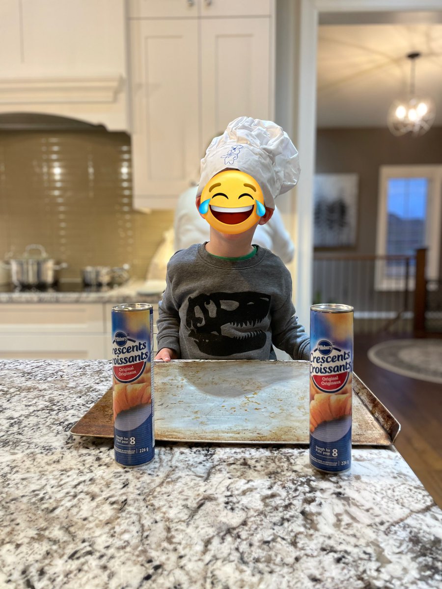 TMJeffe's tweet photo. @Pillsbury retired-Pilsbury employee with her grandson wearing an old-school Pilsbury chef’s hat cooking up some crescent rolls last night! https://t.co/kDQuolg4ro