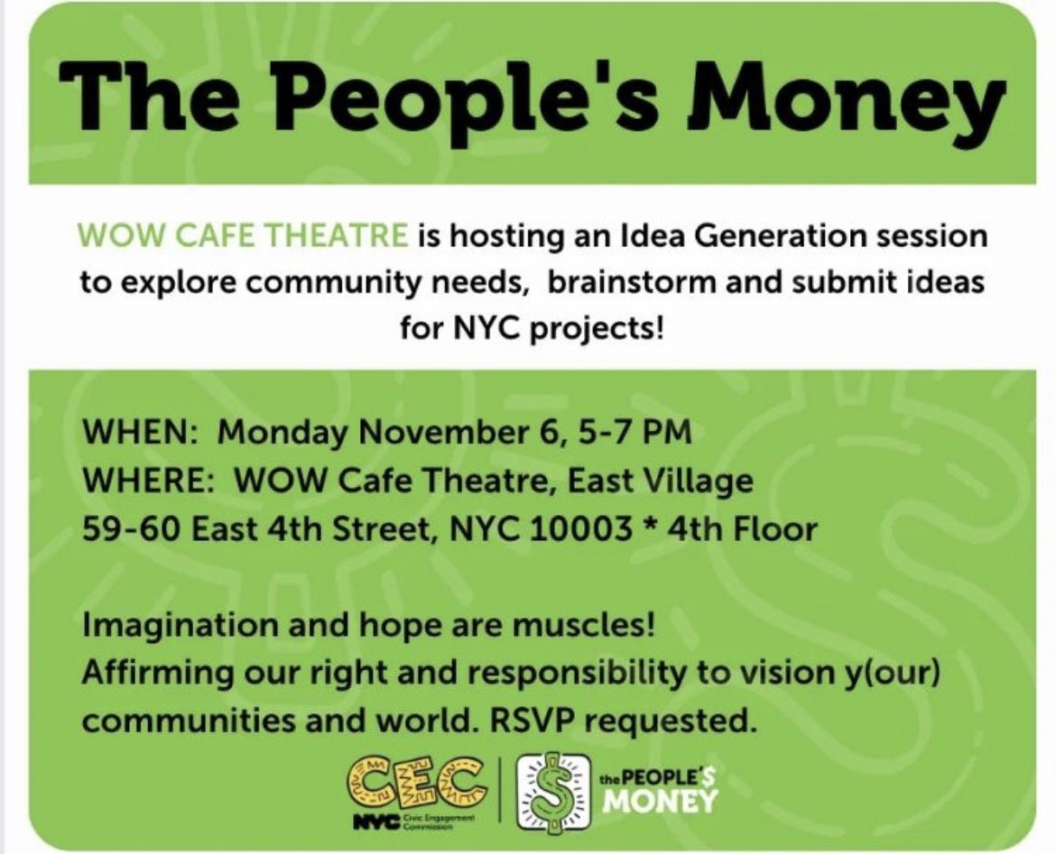 The People’s Money Idea Generation

What is your vision for your community???

This gathering is to generate ideas for the NYC Civic Engagement Commission (CEC) The People’s Money 2023/24 participatory budgeting process!