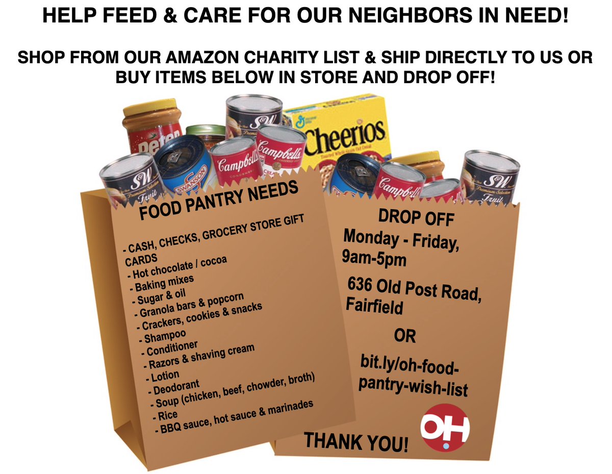Help stock our pantry shelves in November! And to make it easier, you can donate through our Amazon wish list at bit.ly/oh-food-pantry… or monetary donations at bit.ly/donate-oh. Thank you!