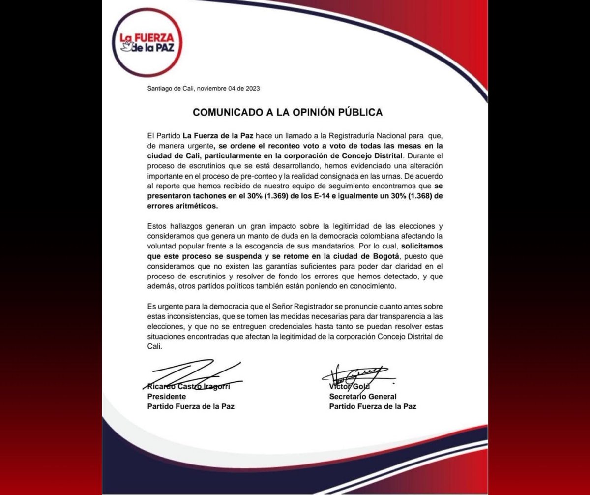 CWMasNoticias's tweet photo. CALI | El partido La Fuerza de La Paz, pidió a la Registraduría realizar un reconteo de votos. 

Esto, lo solicitaron para todas las mesas debido a presuntas irregularidades, especialmente para el Concejo de Cali. 

¿Qué opinas de esto? ⬇️⬇️ 

Síguenos en @caliwebco 

#CaliWeb #Cw #PartidoLaFuerzaDeLaPaz #Reconteo #ConcejoCali