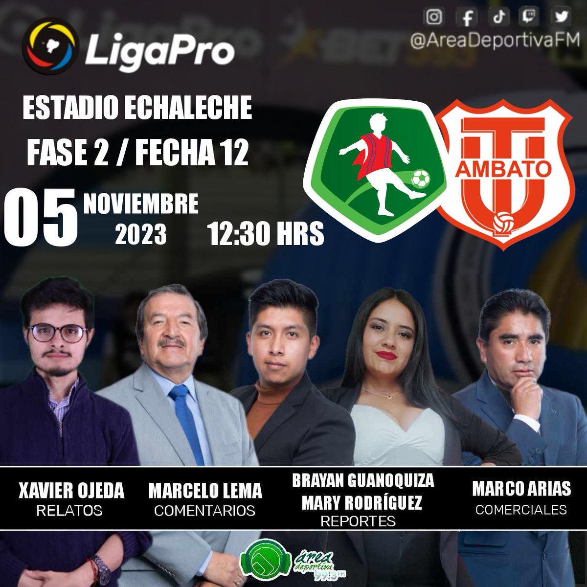 AreaDeportivaFM's tweet photo. . @LigaProEC 🏆 | 1' ⏰ ¡Inició el partido! ⚽
@ClubMushucRuna1 🆚 @TecnicoUOficial
Relata: @xaviojedajr
Comenta: @mlema61
Informes: @Milosv08 #MaryRodriguez
Voz comercial: @marcoviniarias
📻 ¡Lo vives por Área Deportiva 99.3 FM! 🟢 https://t.co/MZ041C0ZPN
