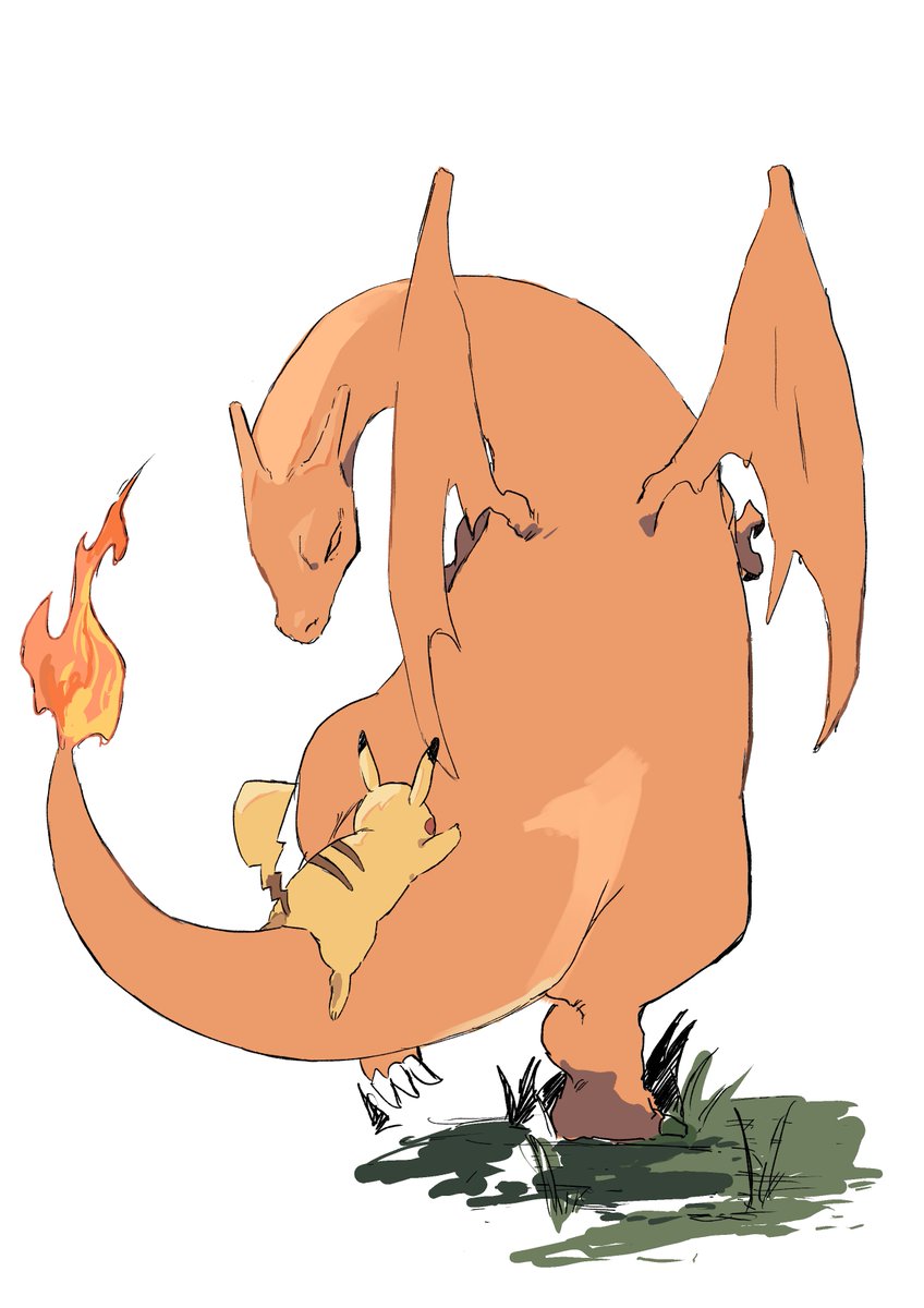 charizard ,pikachu pokemon (creature) flame-tipped tail grass fire no humans white background standing  illustration images