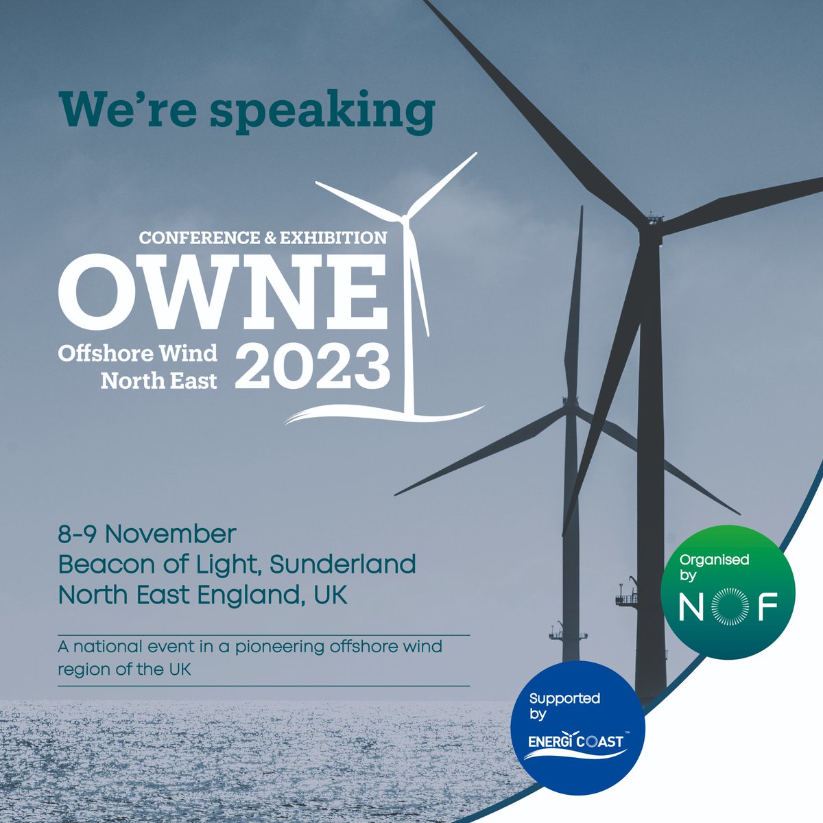 Join us this week at Offshore Wind North East

We will be speaking on 2 panel sessions:
➡ Dr Henna Bains, 3pm 8 Nov, 'Innovation: Digital technologies for the offshore wind industry'
➡ Dylan Jones, 10am 9 Nov, 'Energi Coast: Leading the way in offshore wind supply chains'