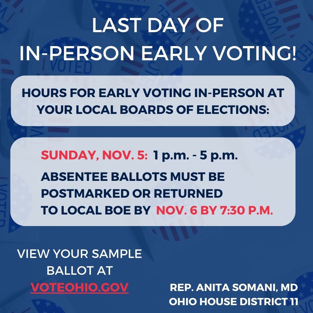 Today is the LAST DAY to vote early in-person before Tuesday’s election. If you are voting by mail, ballots must be postmarked or returned to your county BOE by 7:30 p.m. tomorrow.