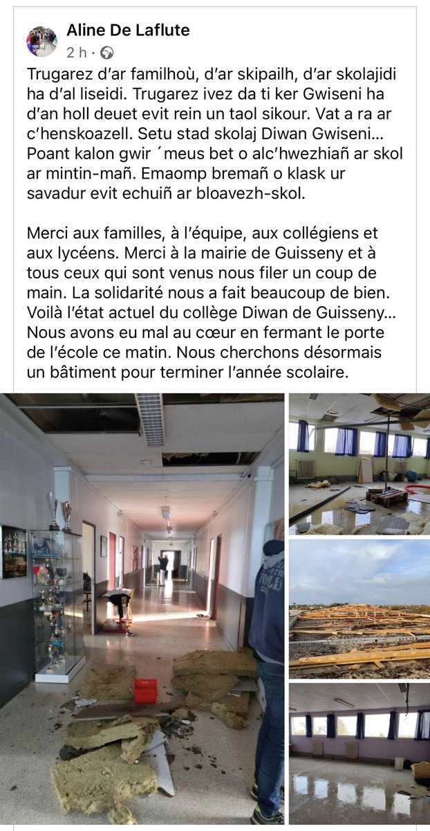 LahogueMathilde's tweet photo. 🚨MALLUS/URGENT ‼️
Le collège @Diwan Guisseny (29) n’a plus de locaux suite à la tempête #ciaran.
L’équipe enseignante et les élèves recherchent un bâtiment pour terminer l’année scolaire.
@finistere_29 @UDB__ https://t.co/fYYtKNxhAY