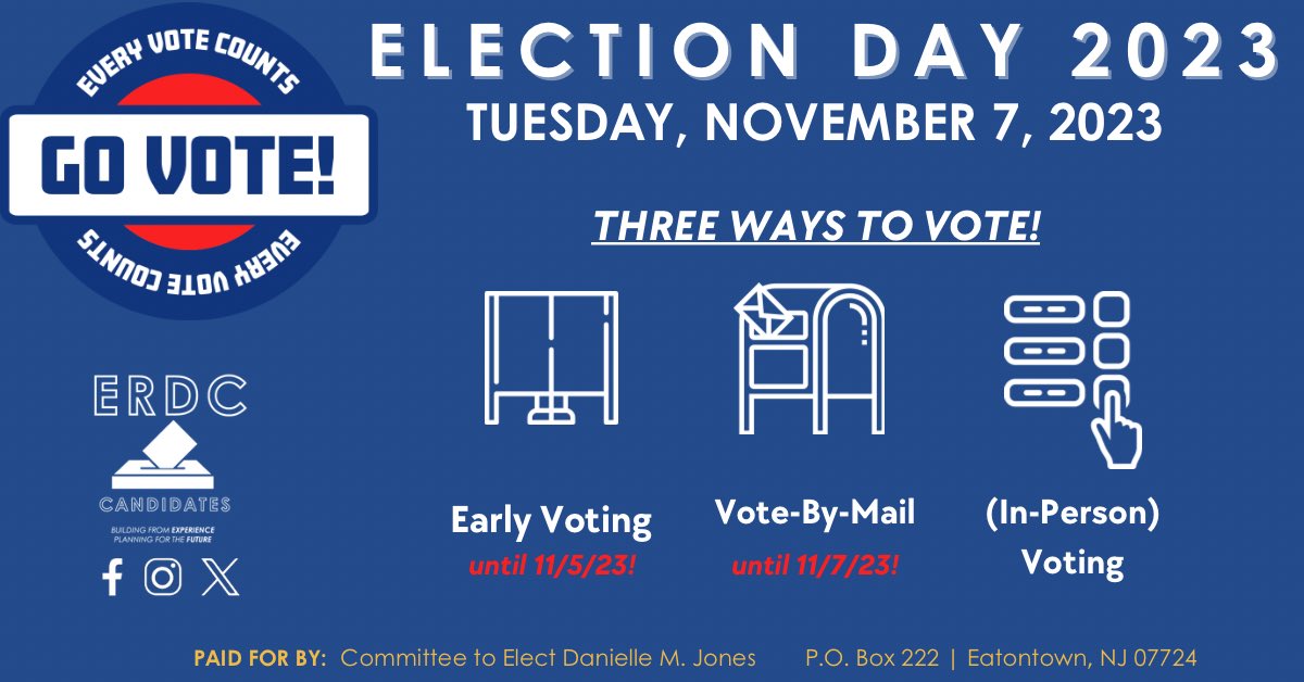 erd_candidate's tweet photo. TODAY (11/5) is the last day for #EarlyVoting in New Jersey!  Visit the NJ Voter Information Portal at https://t.co/wrMvazJwH0 to find the nearest locations near you.  Early Voting polling locations are open from 10:00 a.m. - 5:00 p.m. 

#MonmouthCounty and Eatontown … https://t.co/EwV0s30l41