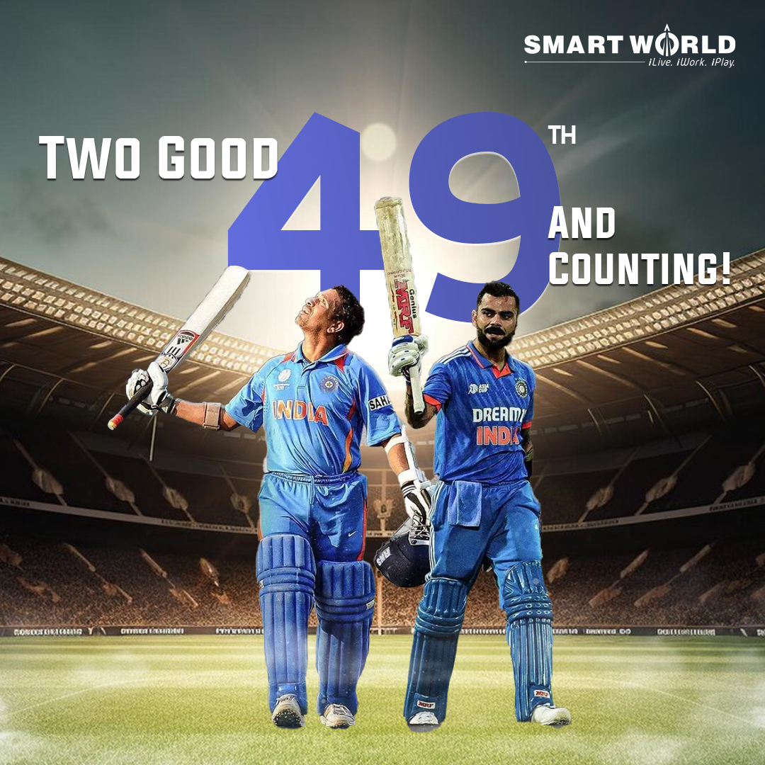 SMARTWORLDDEV's tweet photo. History repeats itself as #ViratKohli joins the elite club of cricketing legends by notching up his 49th ODI century, matching the master himself, #SachinTendulkar! ๐๐ฎ๐ณ
#KingChiku #MasterBlaster #TeamIndia #CWC23 #MenInBlue #INDvSA #Cricket #Smartworld #SmartworldDevelopers https://t.co/teDgqLRWj5